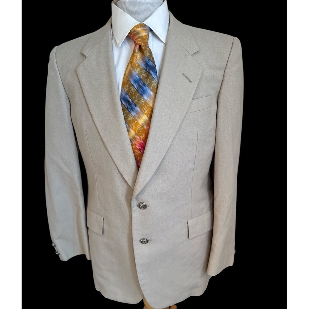 Hickey Freeman Boardroom Hopsack Sport Coat 40R Tan Beige Metal Buttons Blazer
